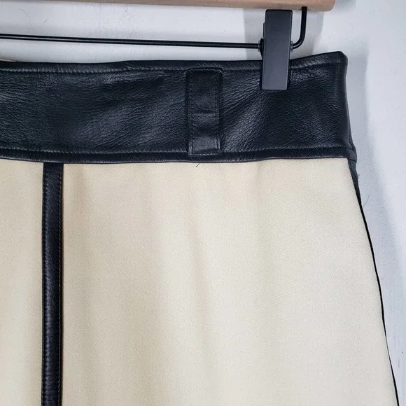 Dolce & Gabbana Wool Skirt Leather Trim A-Line Knee Length Ivory Black S‎